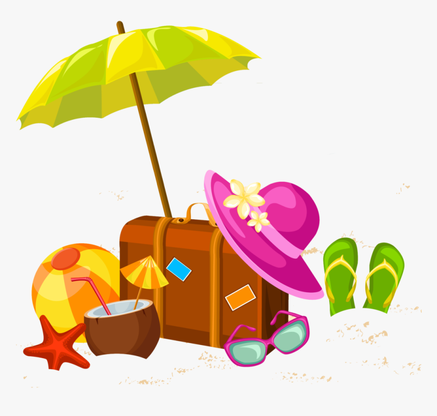 Image a parasol, suitcase, hat and coconut indicating summer holidays